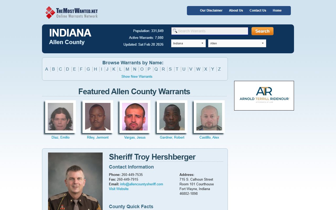 Allen County most wanted list showing persons with active bench warrants