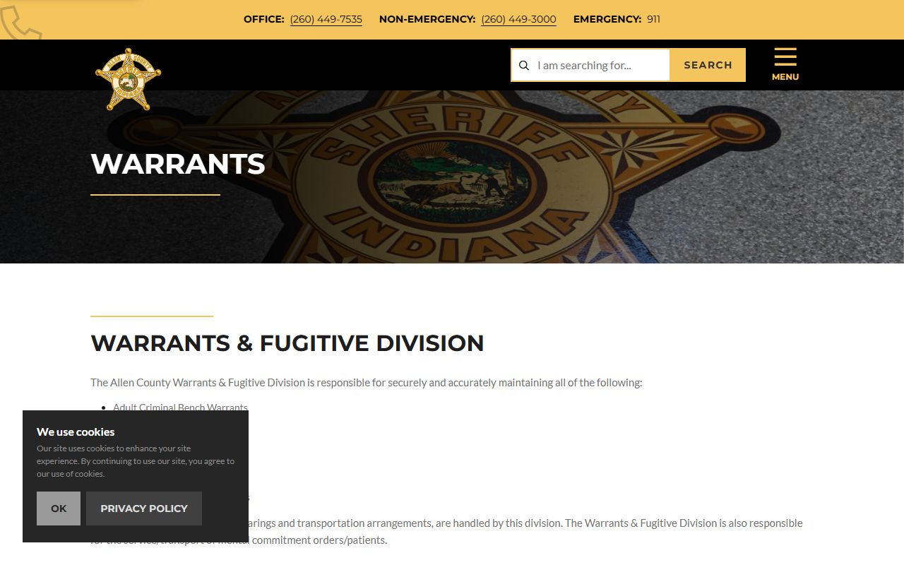Allen County Sheriff Warrants Division page for bench warrant searches