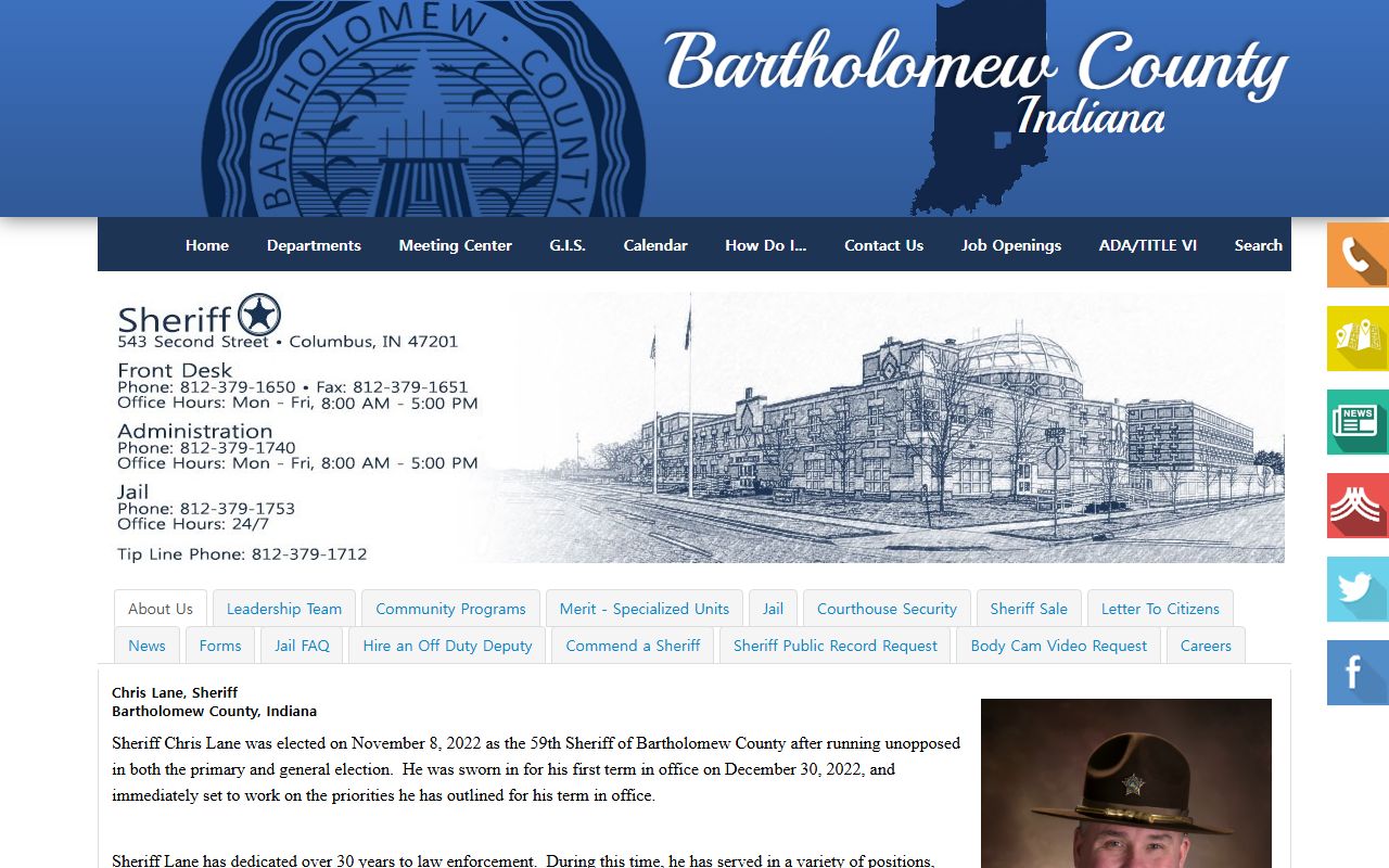 Bartholomew County Sheriff office page for bench warrant information
