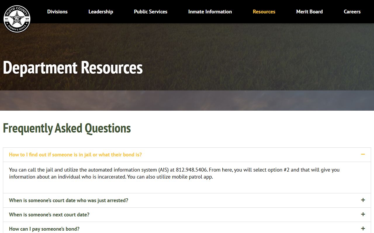 Floyd County Sheriff resources page for bench warrant and public records