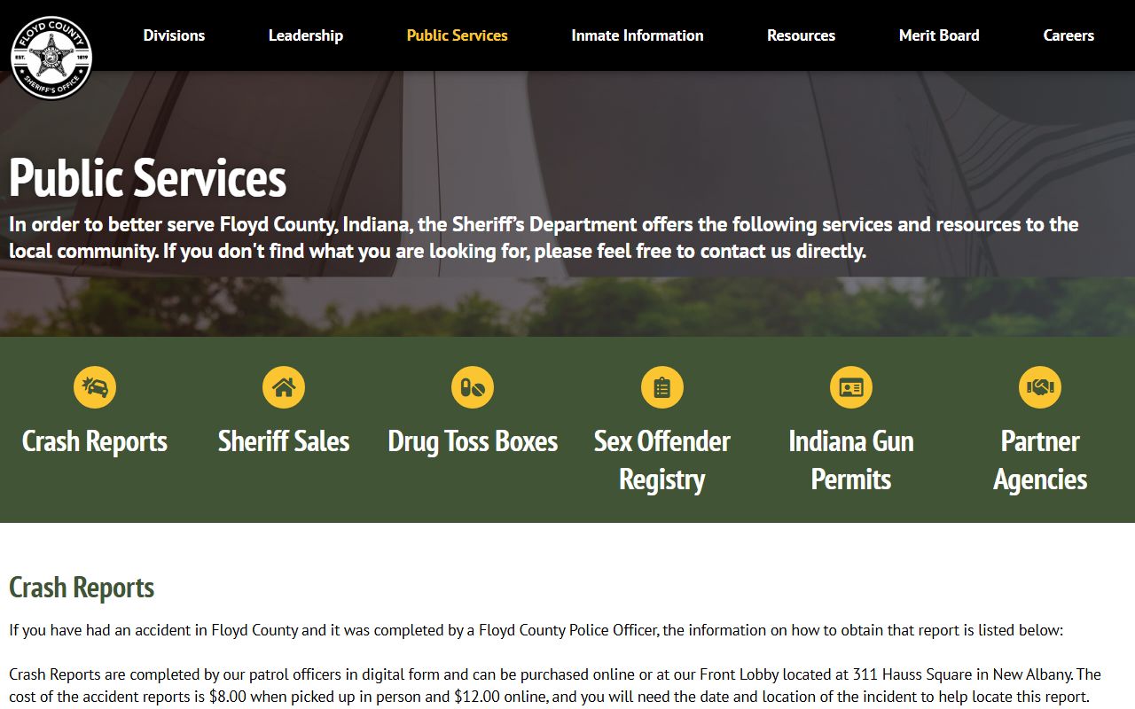Floyd County Sheriff services page showing department divisions