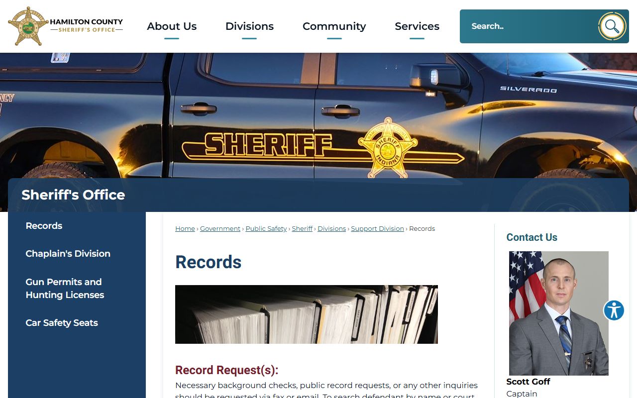 Hamilton County Sheriff records page for bench warrant and background check information