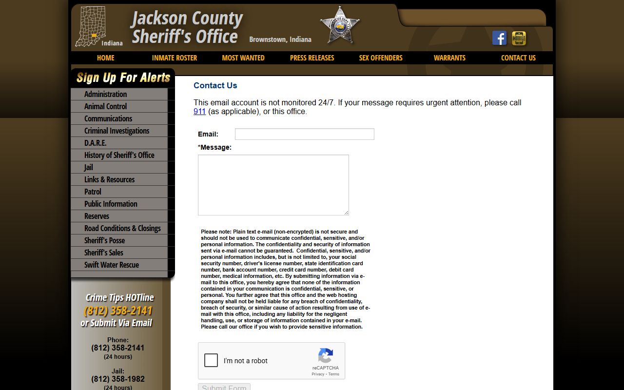 Jackson County Sheriff contact information page