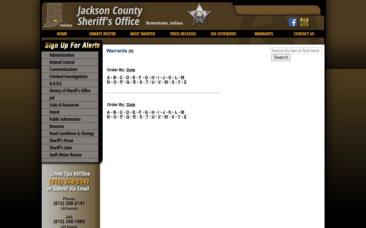 Jackson County Sheriff warrants page showing active warrants