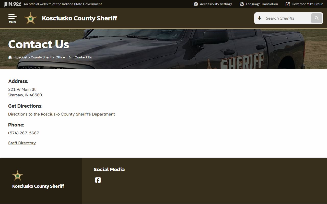 Kosciusko County Sheriff contact page for bench warrant inquiries