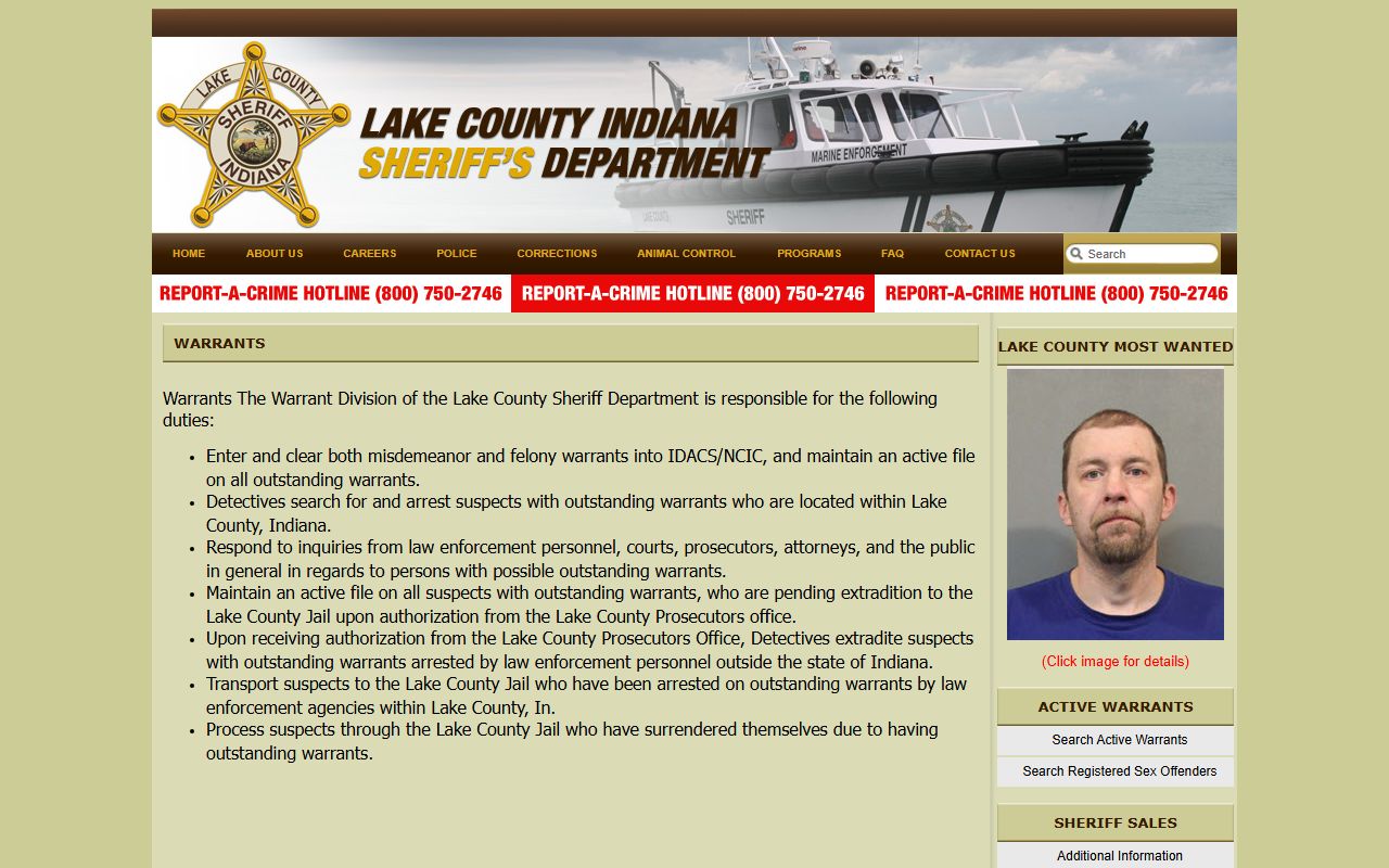Lake County Sheriff warrants page for bench warrant information