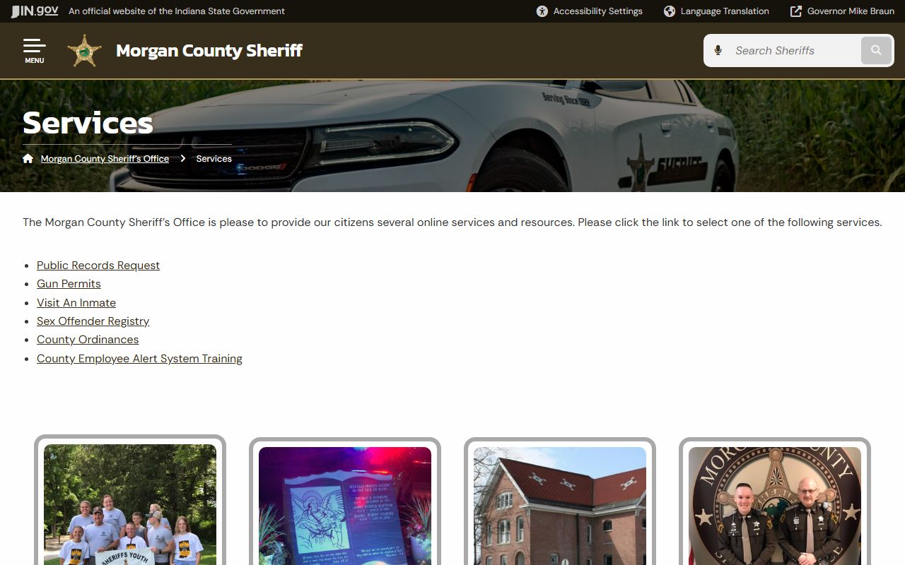 Morgan County Sheriff services page showing warrant and law enforcement services