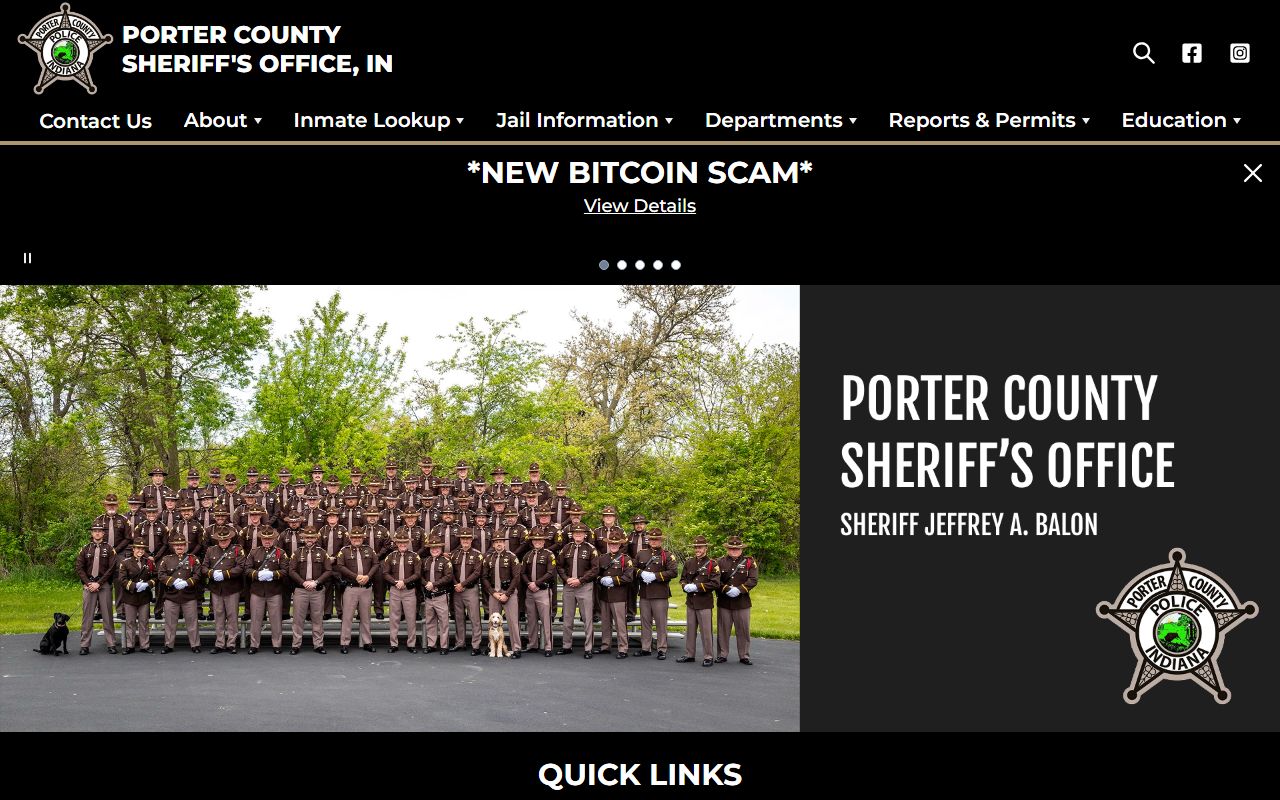 Porter County Sheriff homepage for bench warrant and court information
