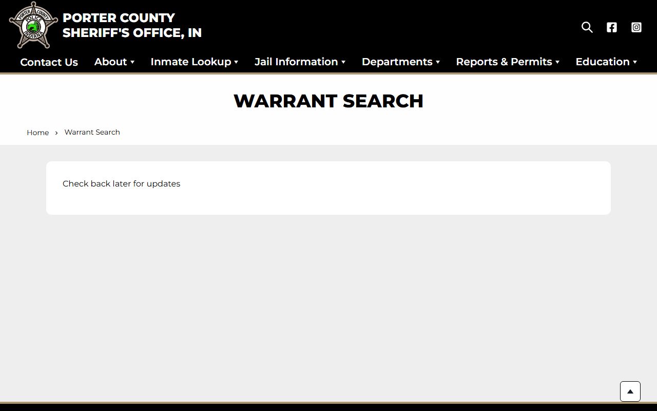 Porter County Sheriff warrant search page for bench warrant lookups