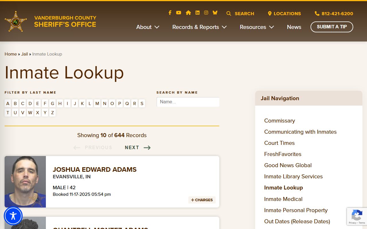 Vanderburgh County Sheriff inmate lookup for bench warrant bookings