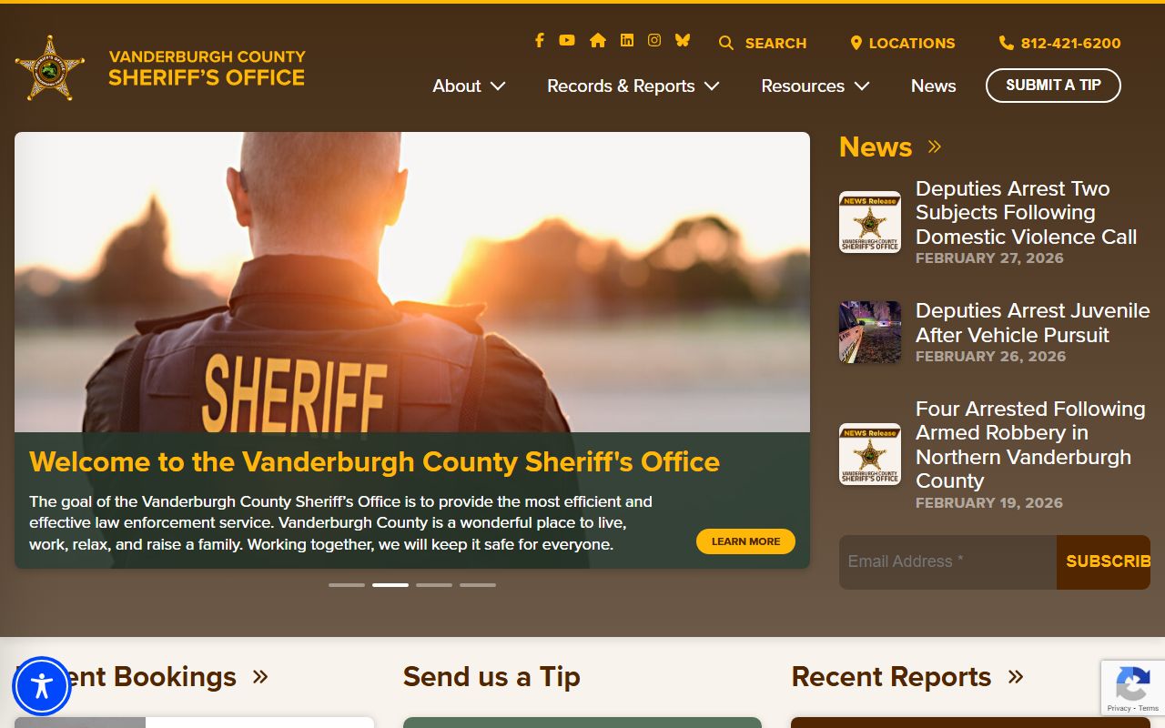 Vanderburgh County Sheriff homepage for warrant and jail information