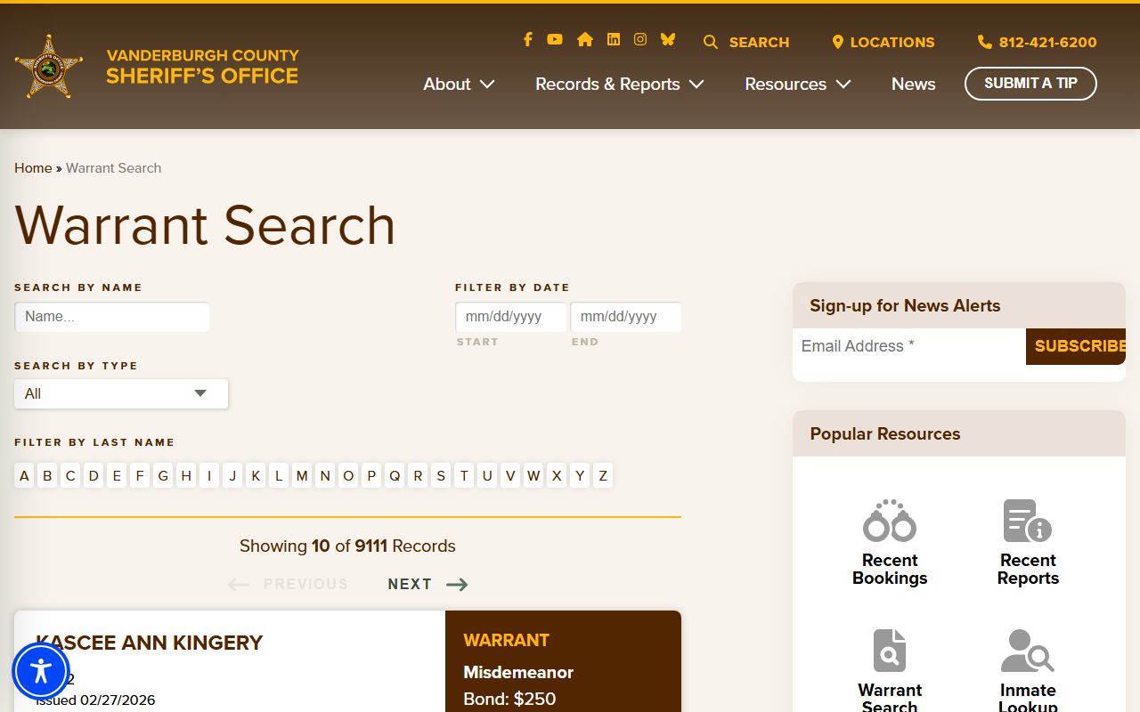 Vanderburgh County Sheriff warrant search page for bench warrants