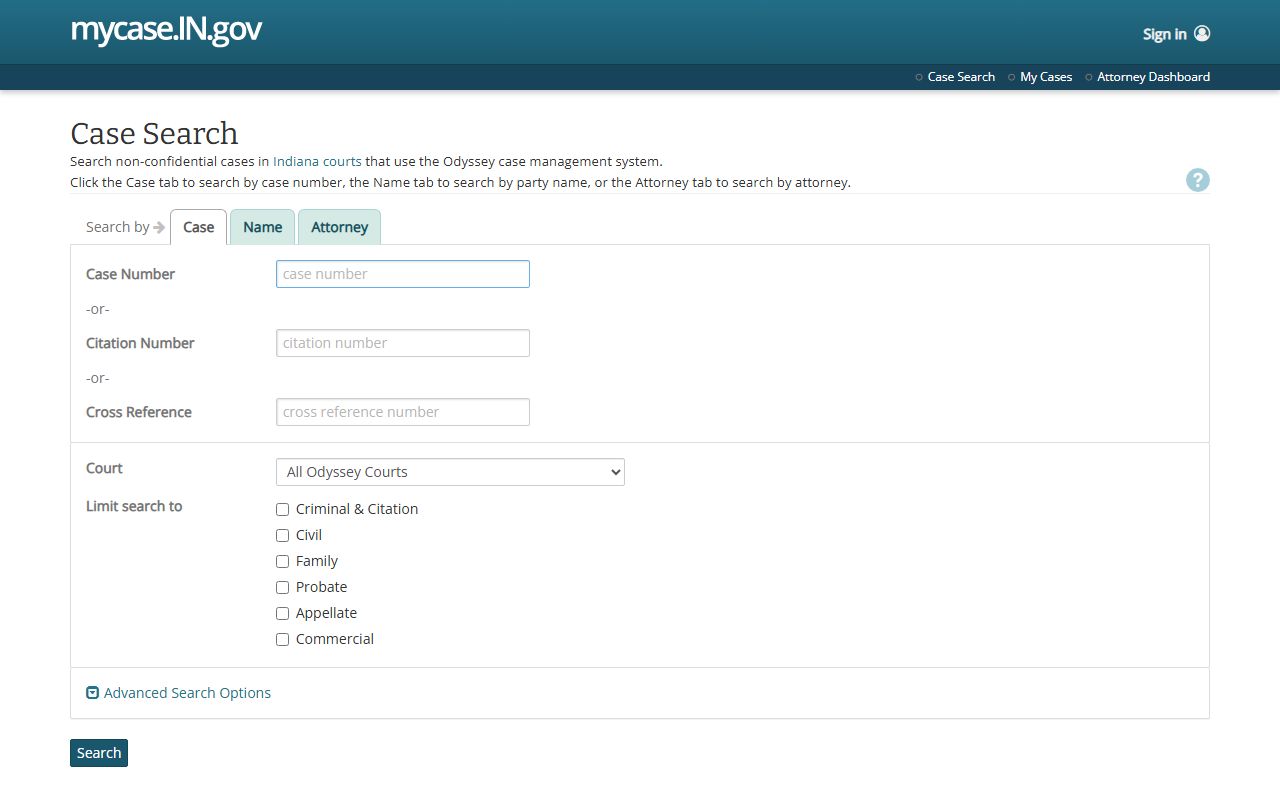 Indiana MyCase portal for bench warrant searches