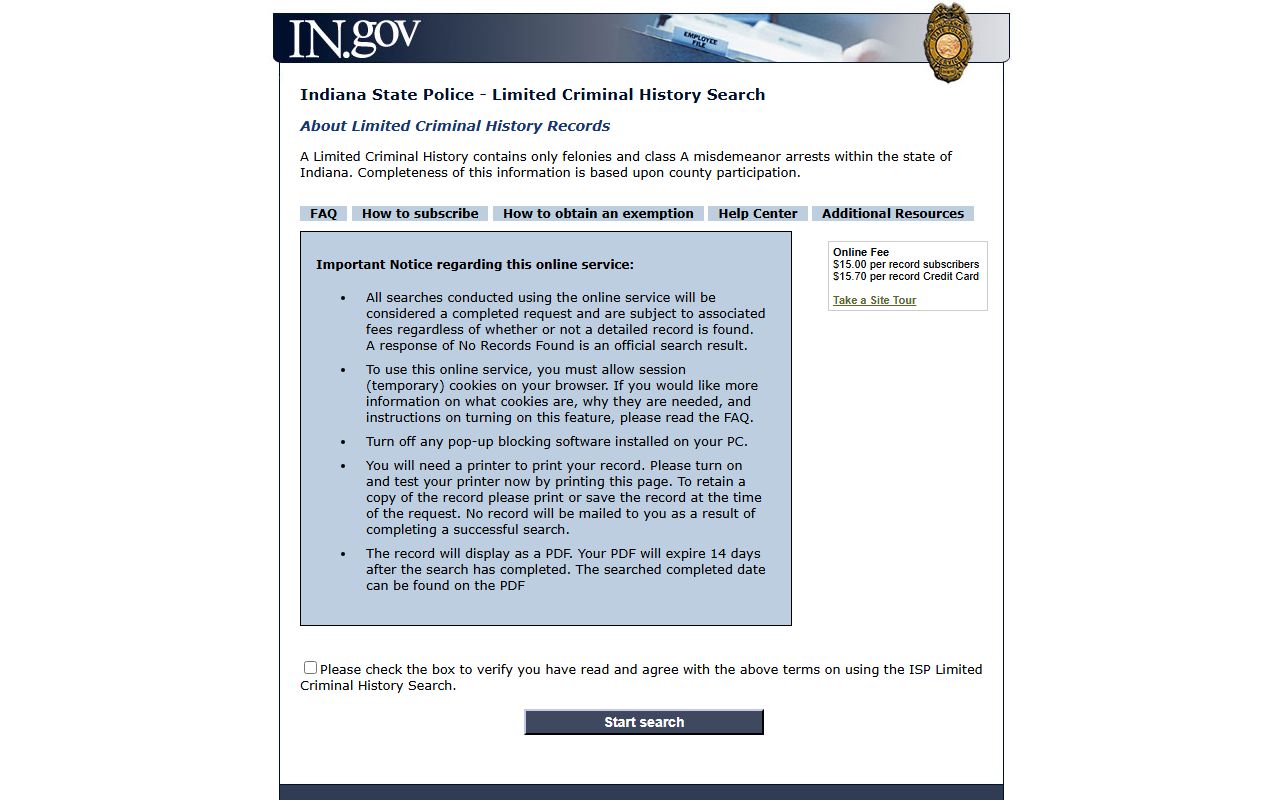 Indiana State Police bench warrant and criminal history resources