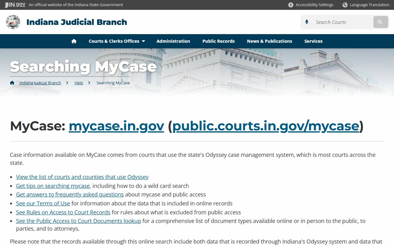 MyCase help page for Indiana bench warrant search guidance