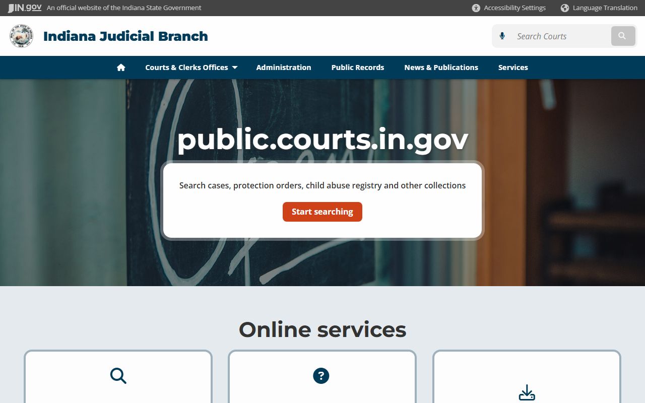 Indiana Courts public records page for bench warrant case access